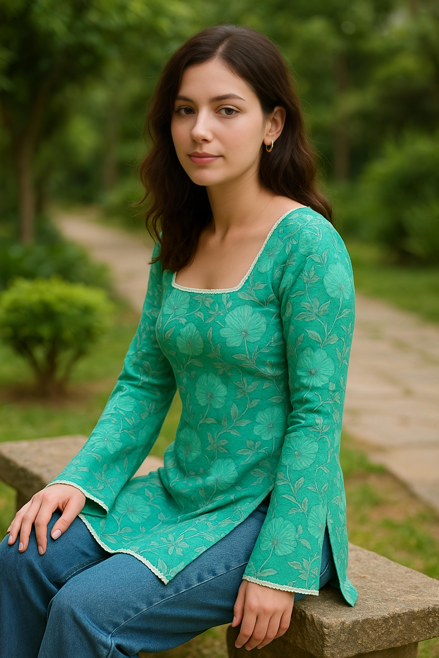 Floral Bell Sleeve Short Kurti, Emerald Green, Square Neck, Lace-Up Back Detail, Long Sleeves with Pom Pom Trim