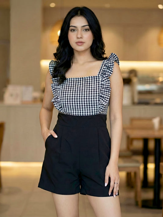 Black & White Gingham Playsuit | Ruffle Strap Design