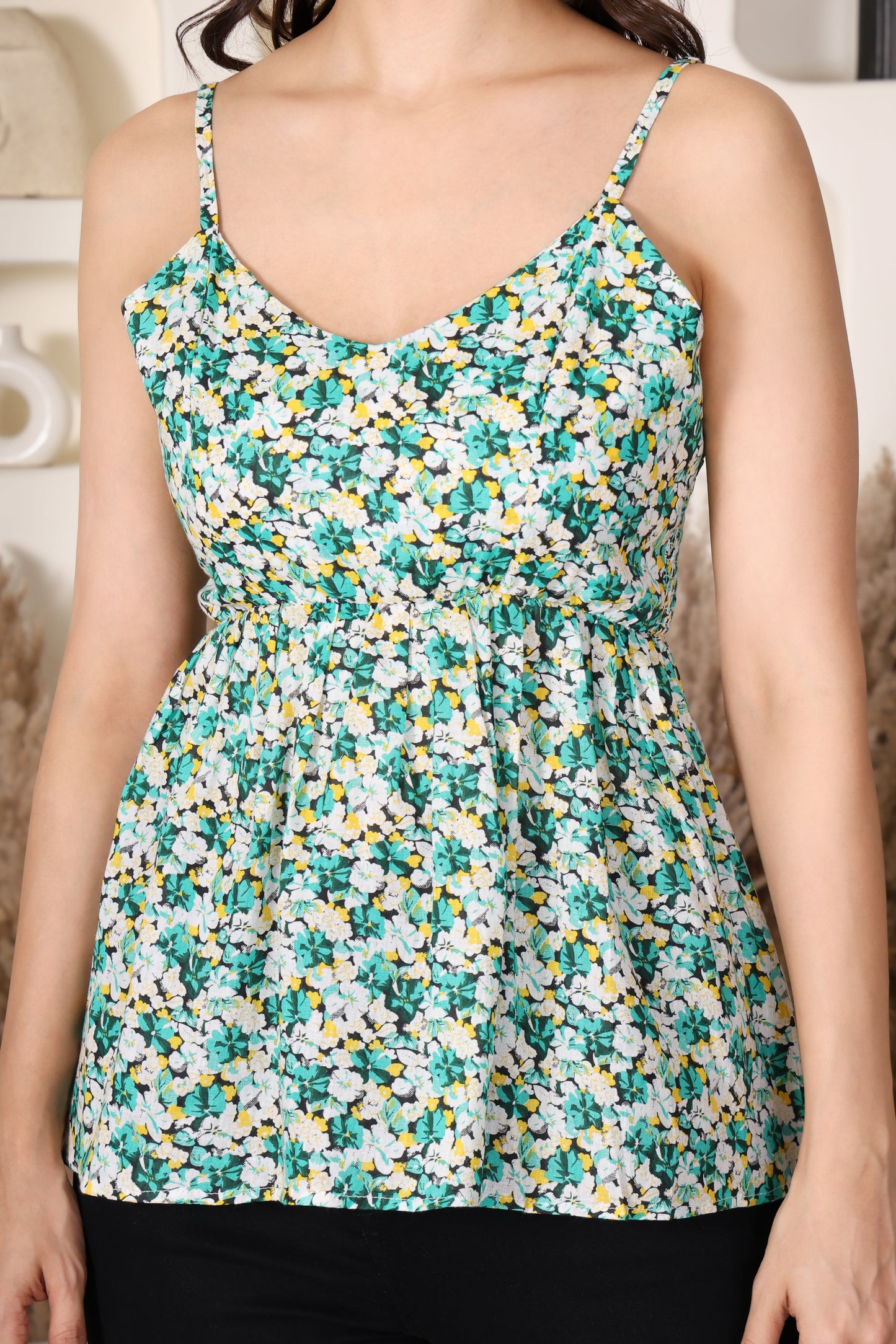 AmbT Floral Print Pure Cotton Cami Top with Smocked Back, Spaghetti Straps