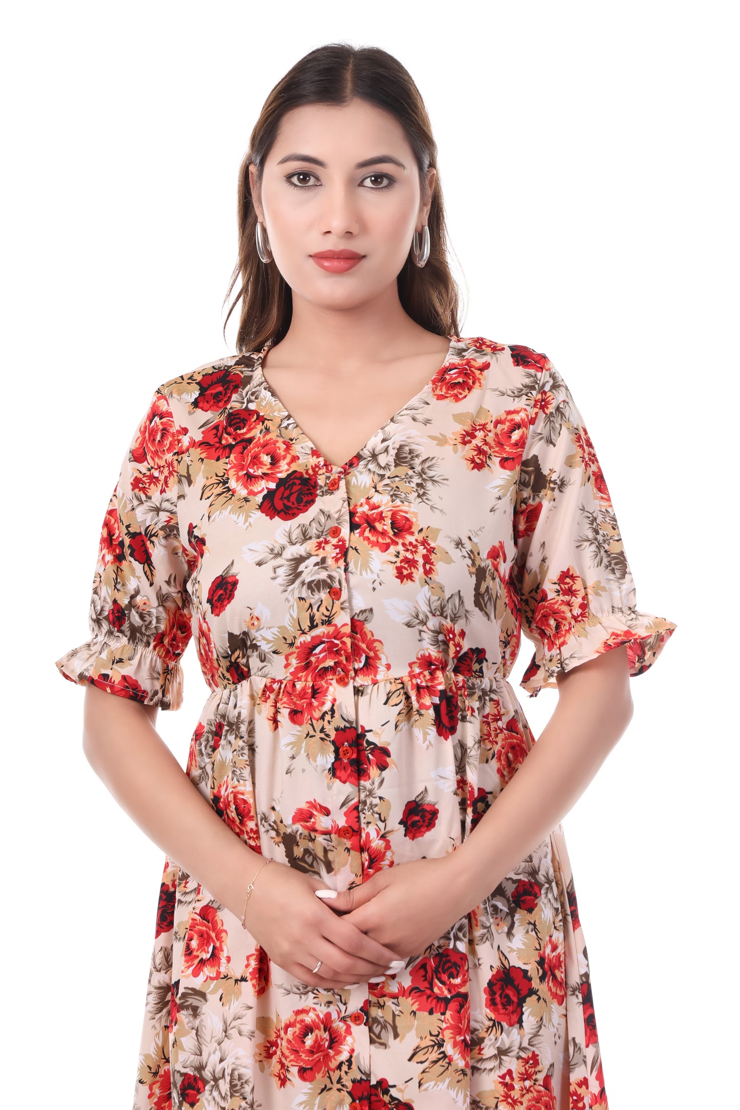 AmbT Floral Print Tiered Placket Dress