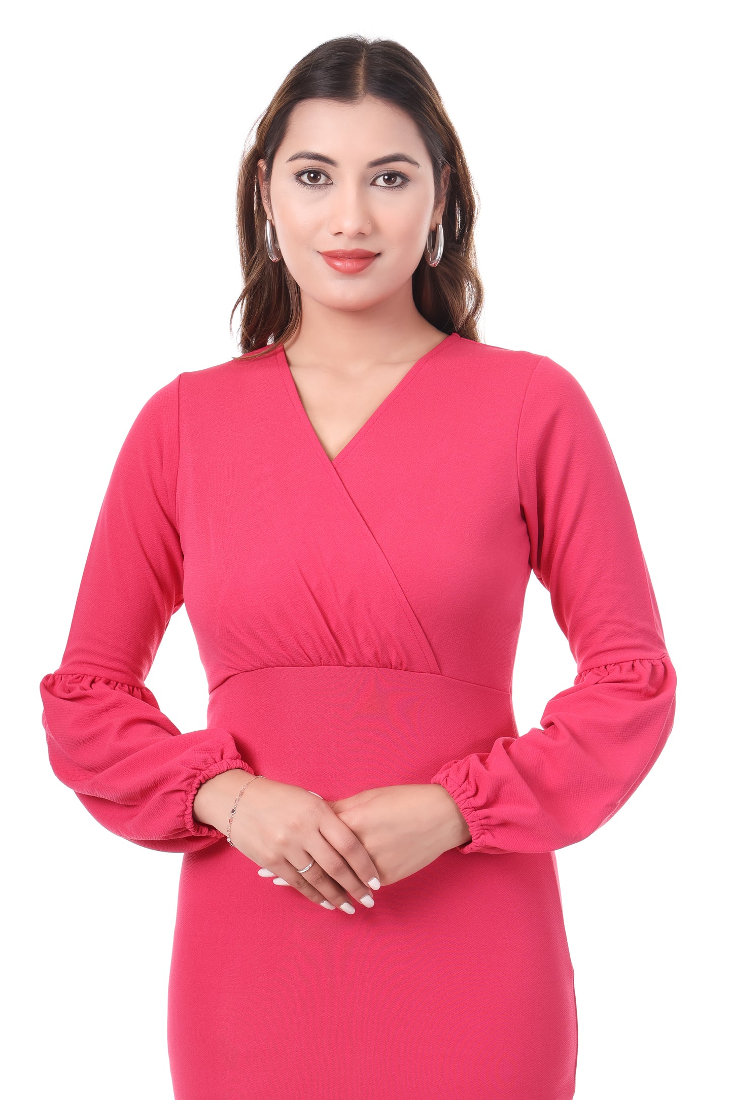 AmbT Pink Bodycon Dress | V-Neck & Balloon Sleeves