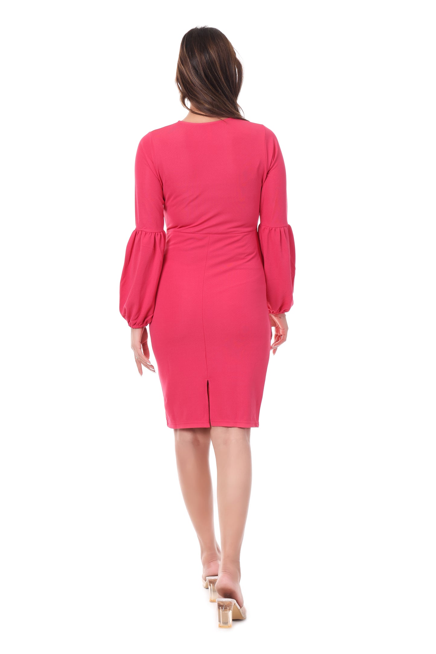 AmbT Pink Bodycon Dress | V-Neck & Balloon Sleeves