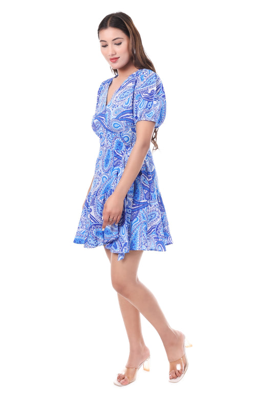 Blue Paisley Wrap Dress | Mini Length