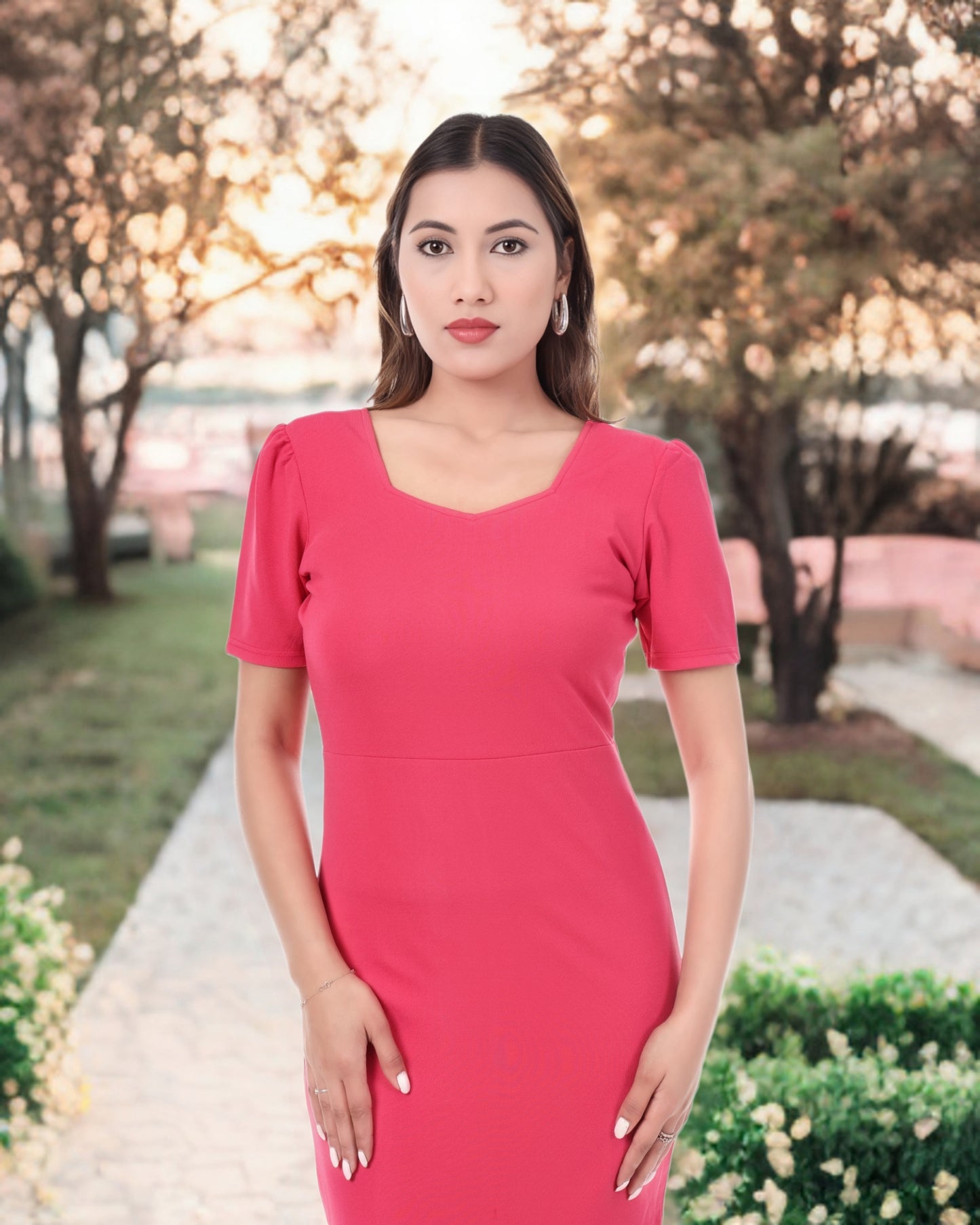 AmbT Bodycon Midi Dress for Women | Short Sleeve Pencil Dress | Stylish Western Wear
