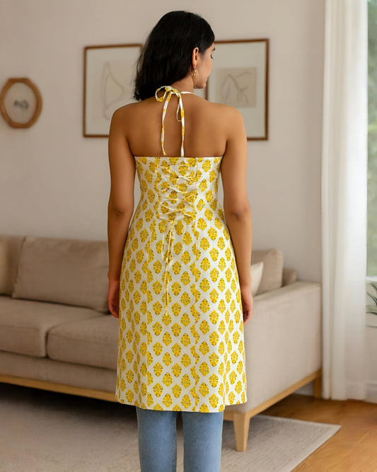 Halter Neck Long Kurti, Corset Back, Block Printed White and Yellow Motifs