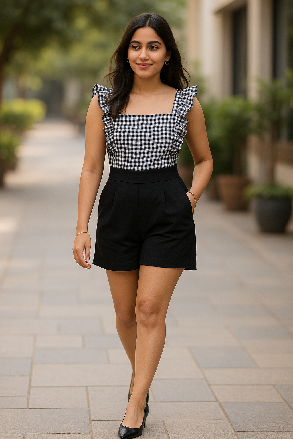 Black & White Gingham Playsuit | Ruffle Strap Design