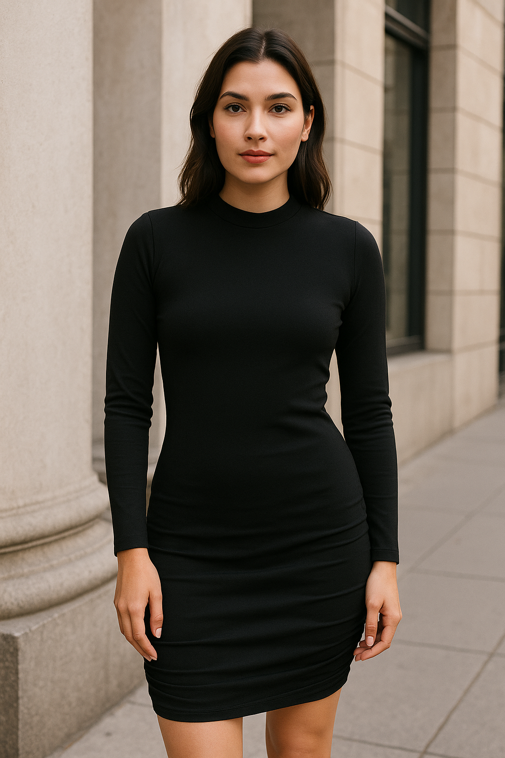 Black Ruched Bodycon Dress | Knee Length