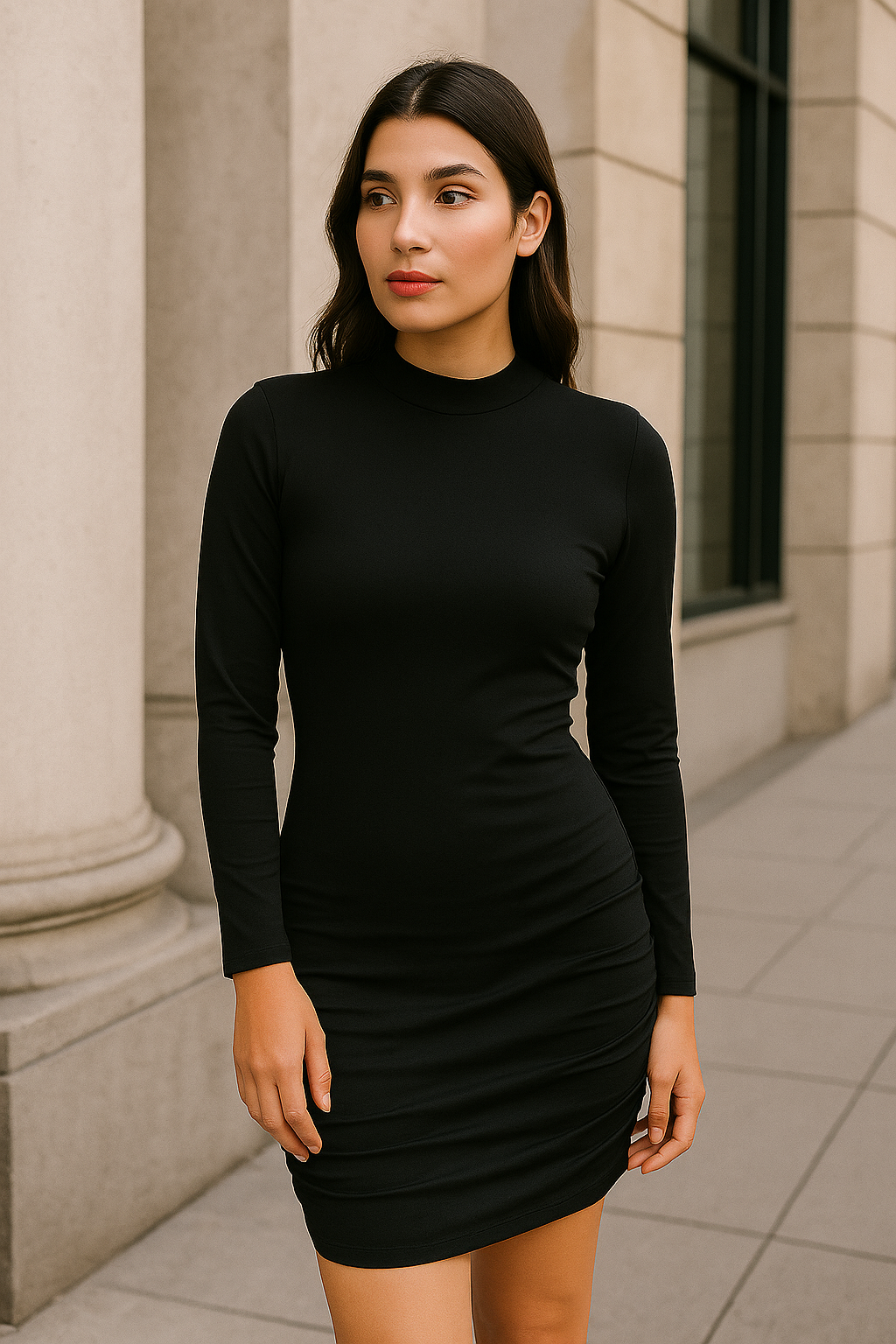 Black Ruched Bodycon Dress | Knee Length