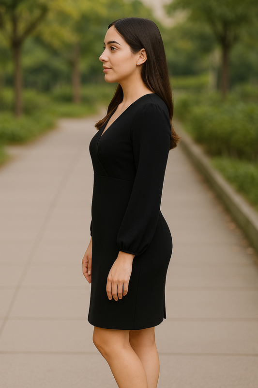 Black Bodycon Dress | V-Neck & Balloon Sleeves