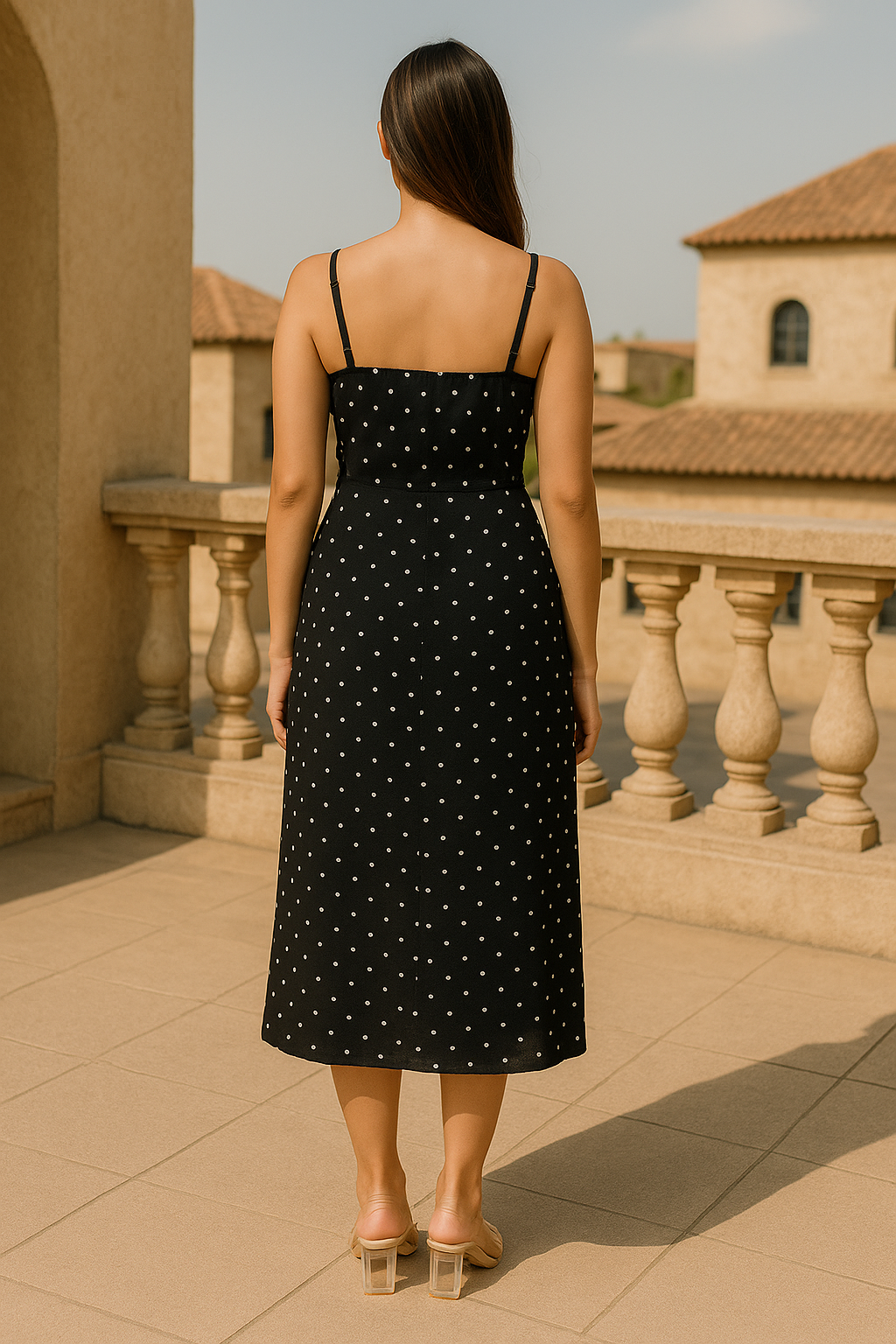 Polka Dot Slit Midi Dress | Spaghetti Straps, Front Tie Detail, Side Slit