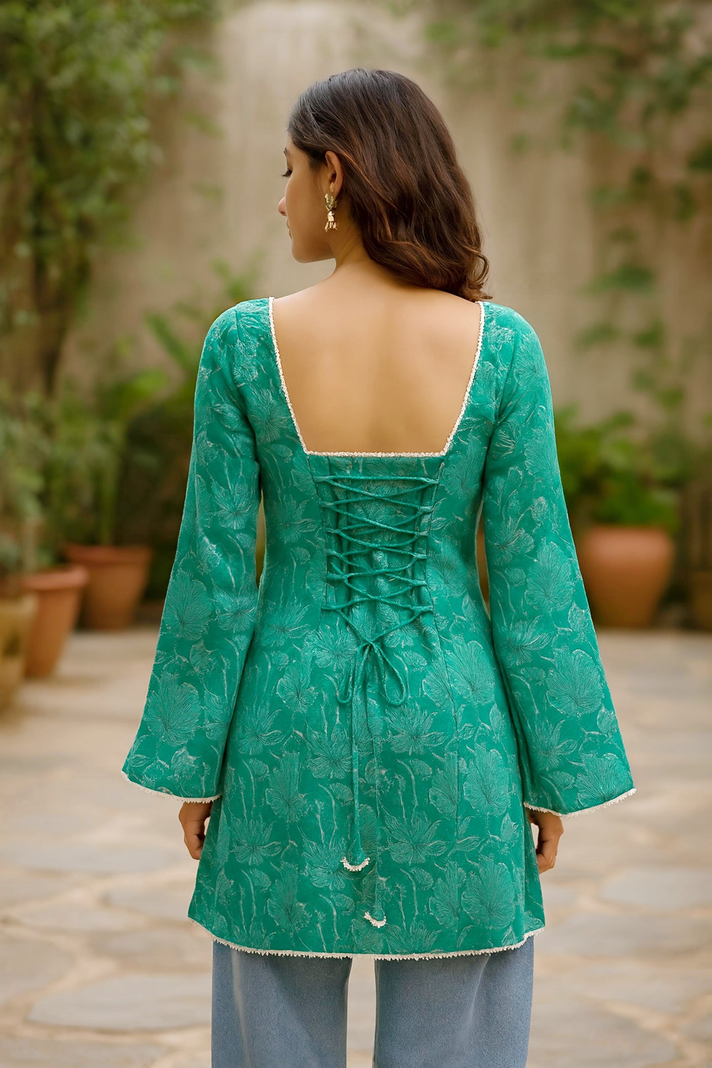 Floral Bell Sleeve Short Kurti, Emerald Green, Square Neck, Lace-Up Back Detail, Long Sleeves with Pom Pom Trim