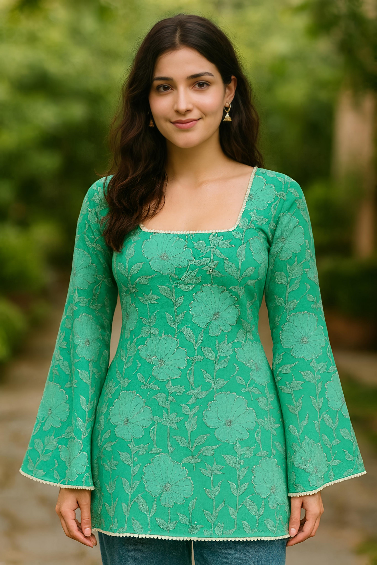 Floral Bell Sleeve Short Kurti, Emerald Green, Square Neck, Lace-Up Back Detail, Long Sleeves with Pom Pom Trim
