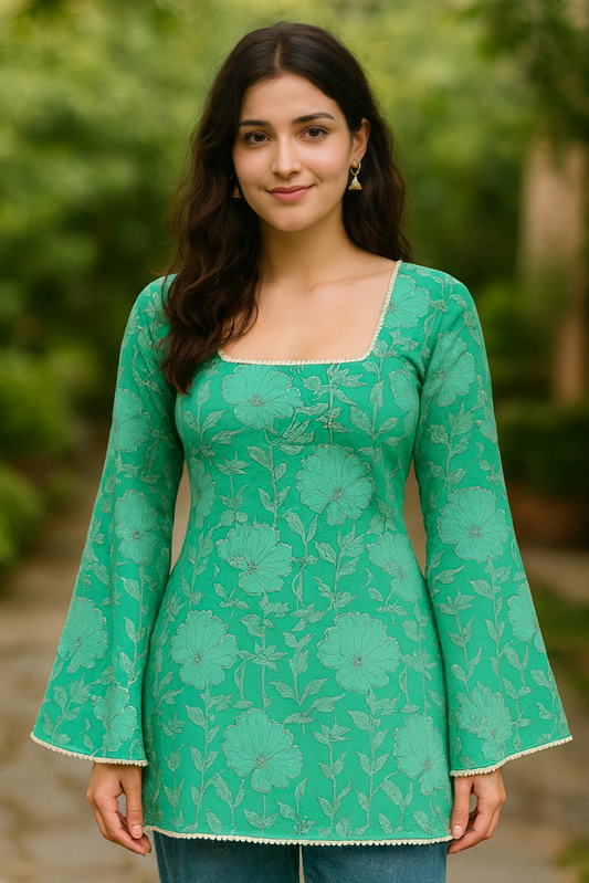 Floral Bell Sleeve Short Kurti, Emerald Green, Square Neck, Lace-Up Back Detail, Long Sleeves with Pom Pom Trim