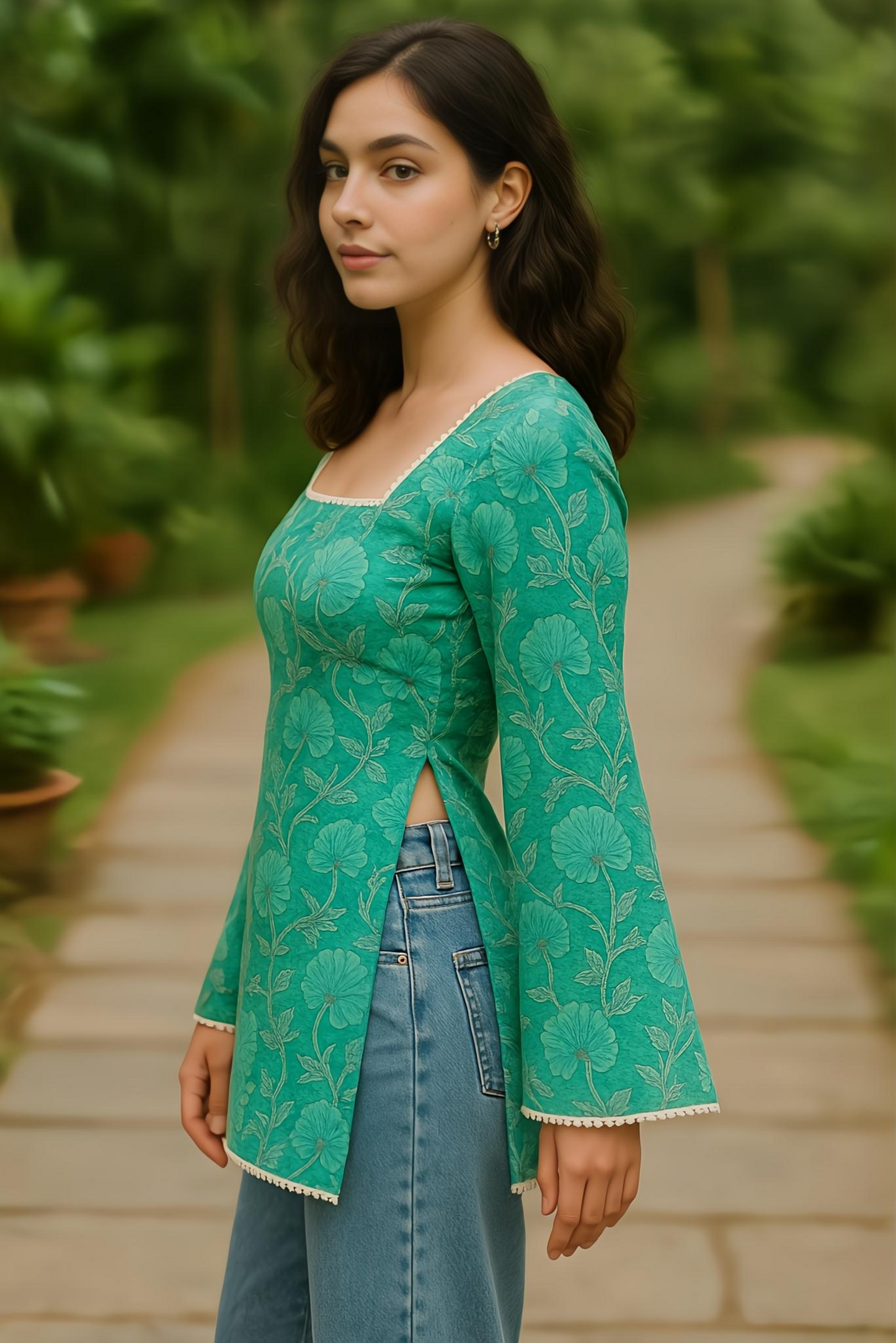 Floral Bell Sleeve Short Kurti, Emerald Green, Square Neck, Lace-Up Back Detail, Long Sleeves with Pom Pom Trim