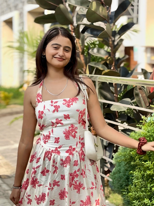 Petal Muse Halter Dress | Knee Length | Cotton