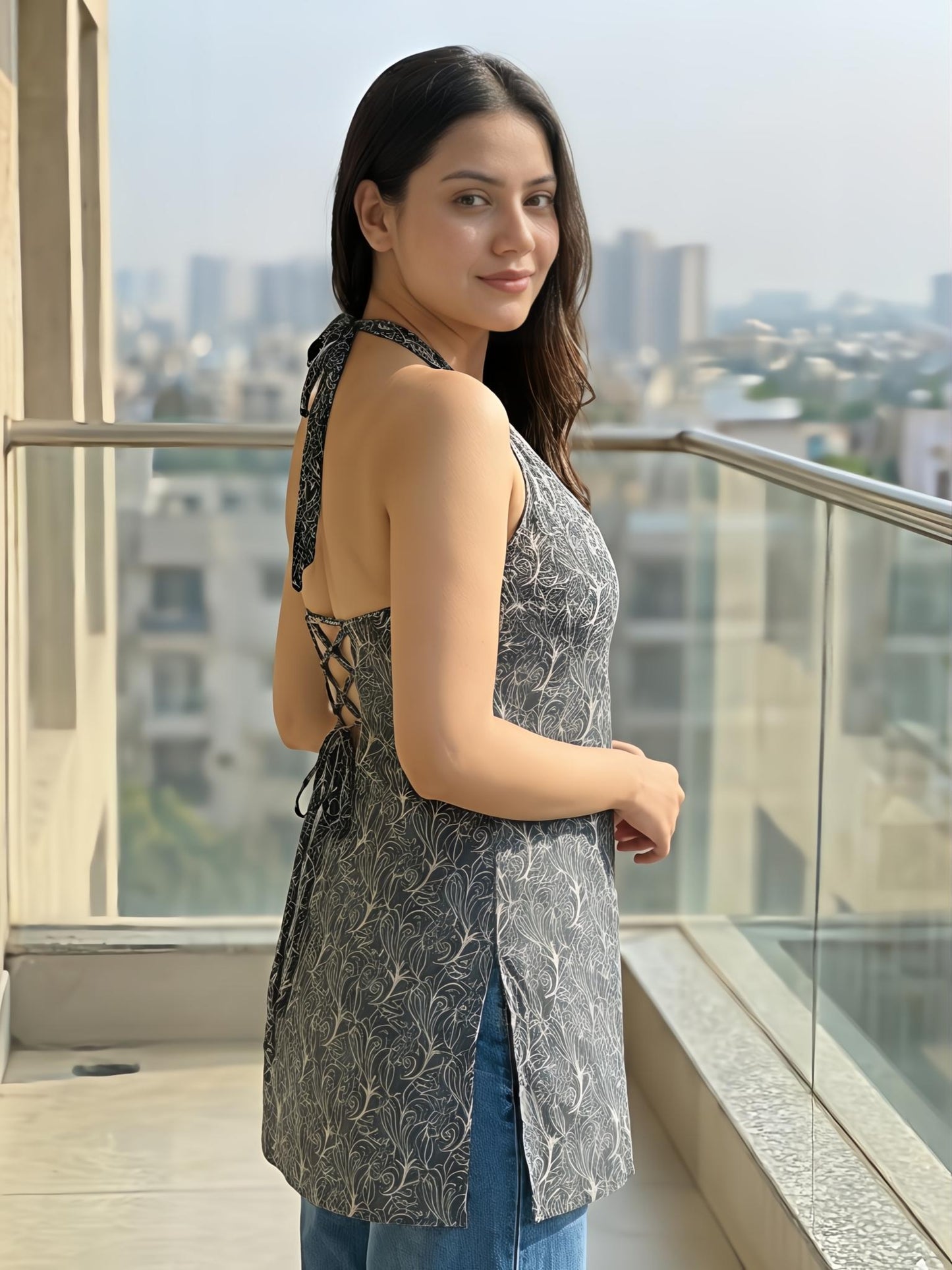 Halter-Neck Top with Corset Back, Black and White, V-Neck Design