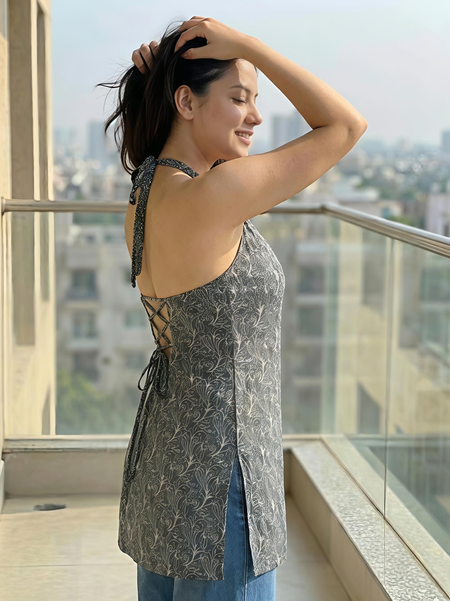 Halter-Neck Top with Corset Back, Black and White, V-Neck Design