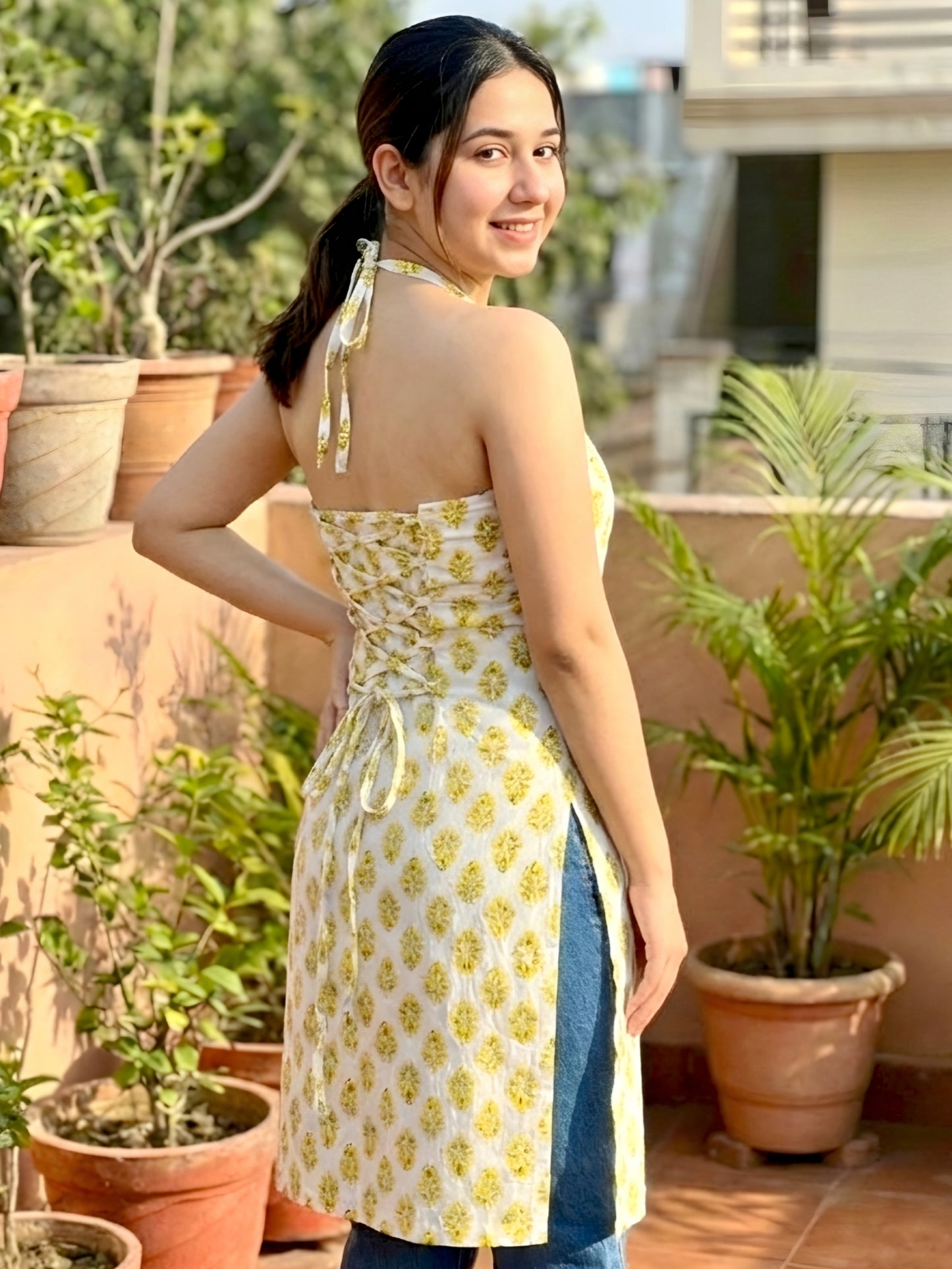 Halter Neck Long Kurti, Corset Back, Block Printed White and Yellow Motifs