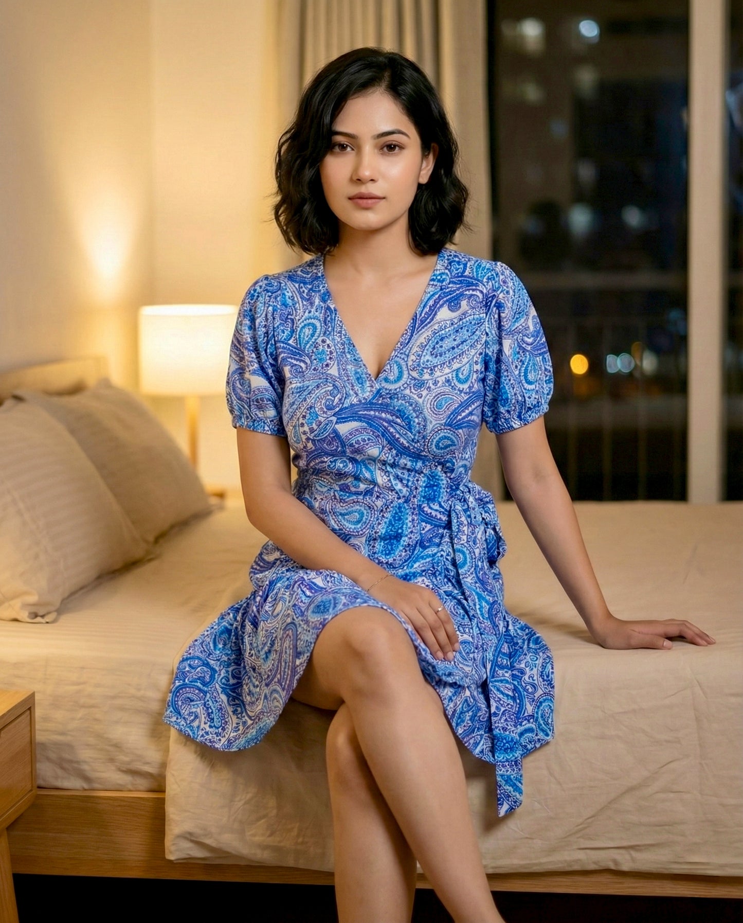 Blue Paisley Wrap Dress | Mini Length