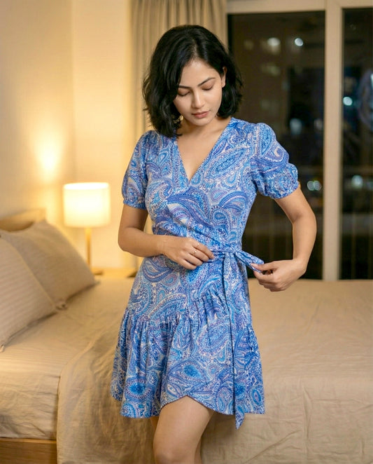 Blue Paisley Wrap Dress | Mini Length