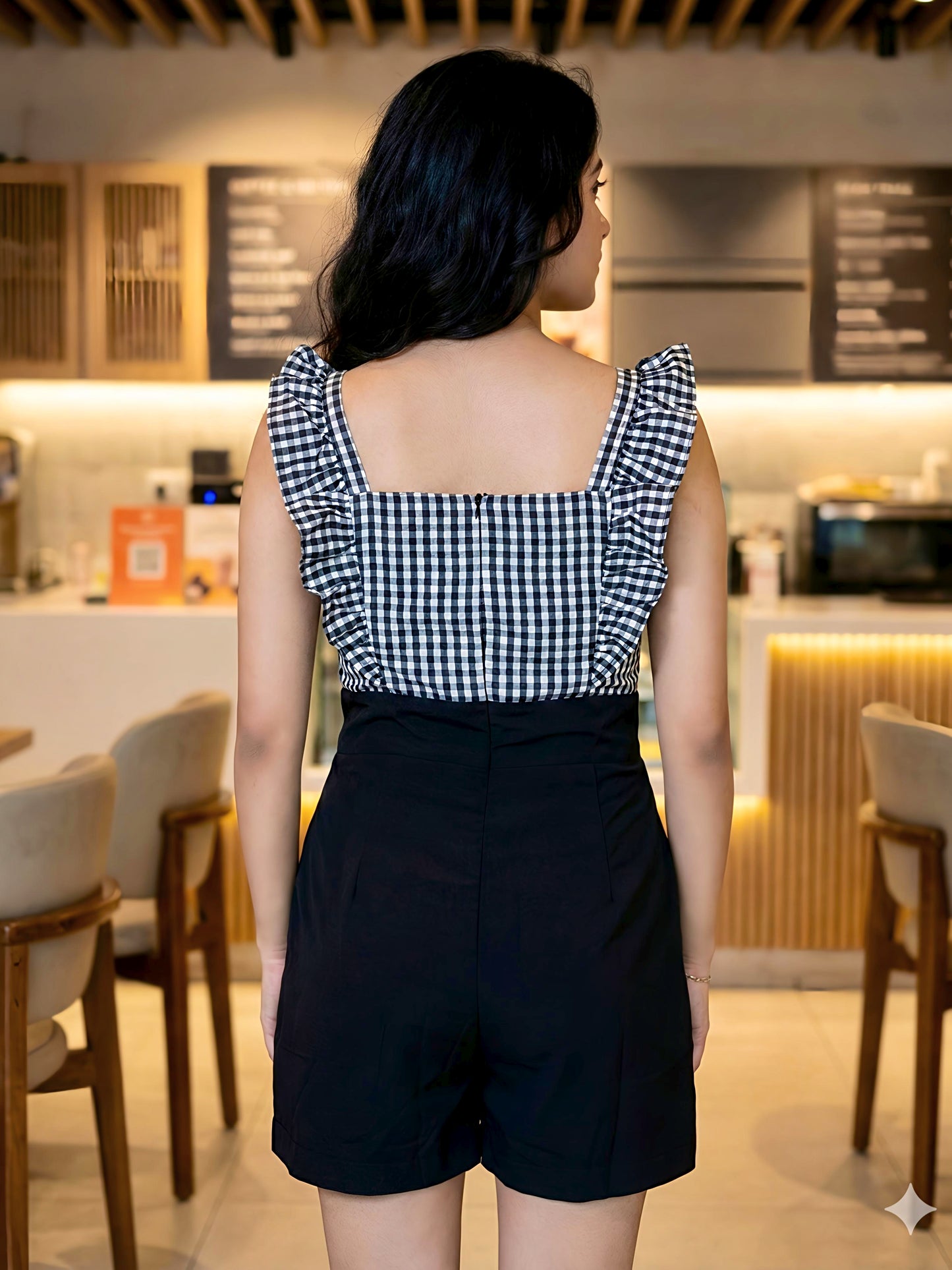 Black & White Gingham Playsuit | Ruffle Strap Design