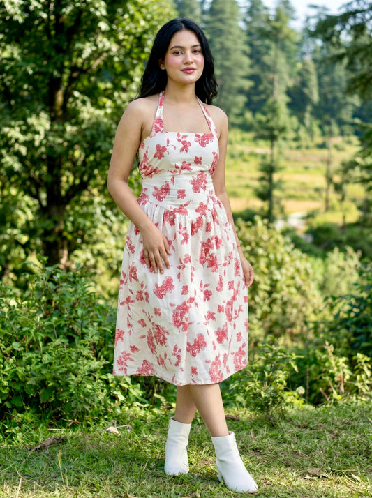 Petal Muse Halter Dress | Knee Length | Cotton