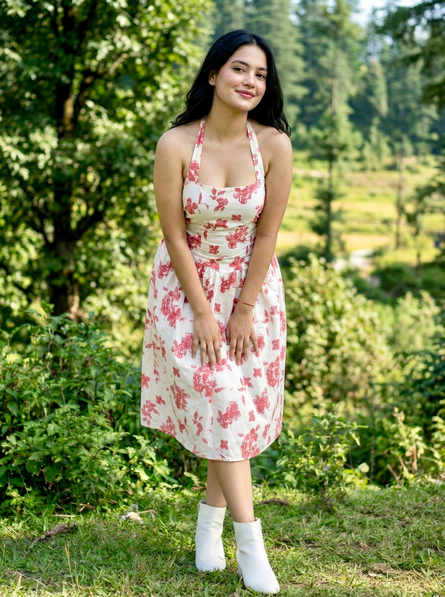 Petal Muse Halter Dress | Knee Length | Cotton