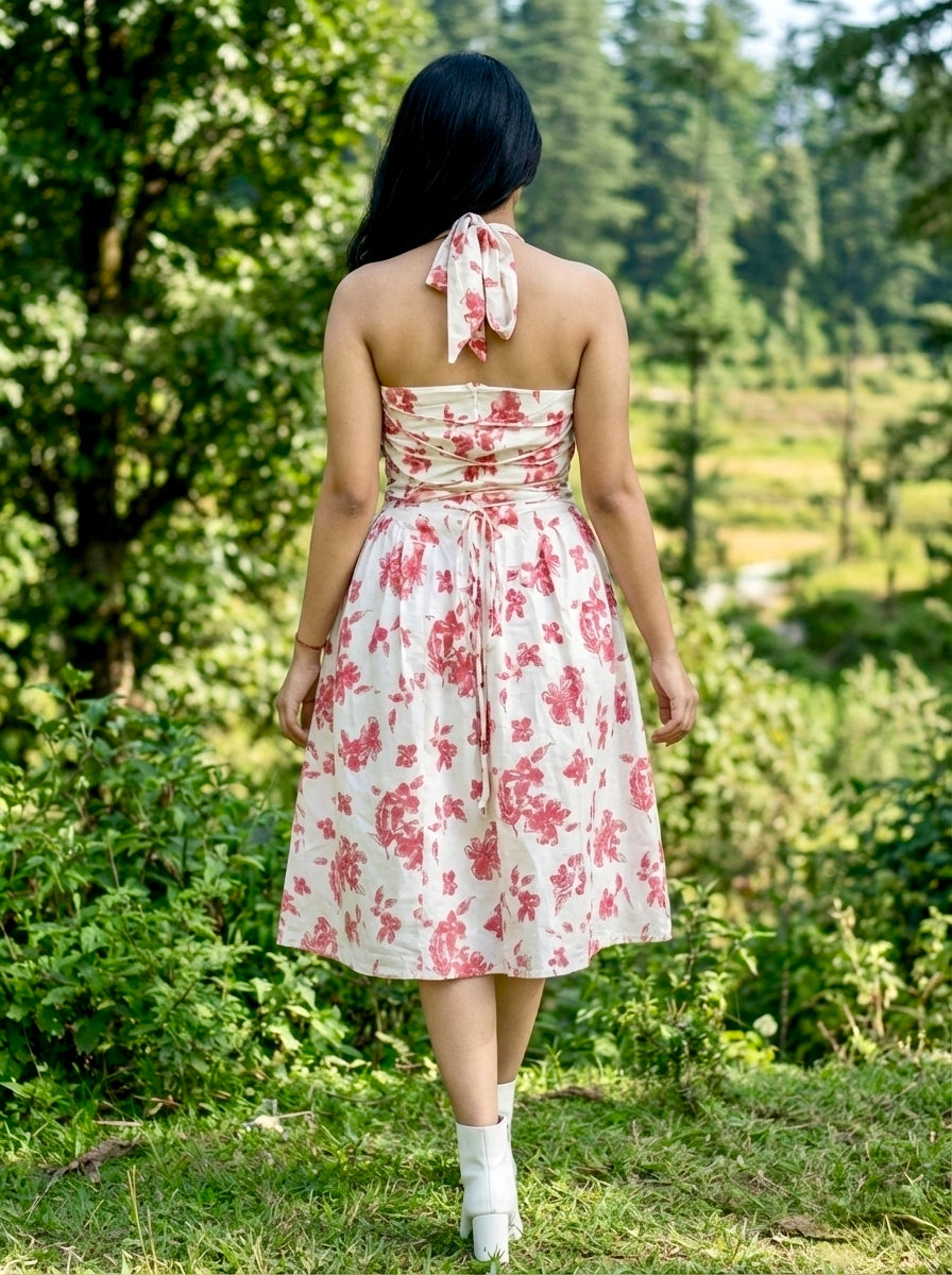 Petal Muse Halter Dress | Knee Length | Cotton