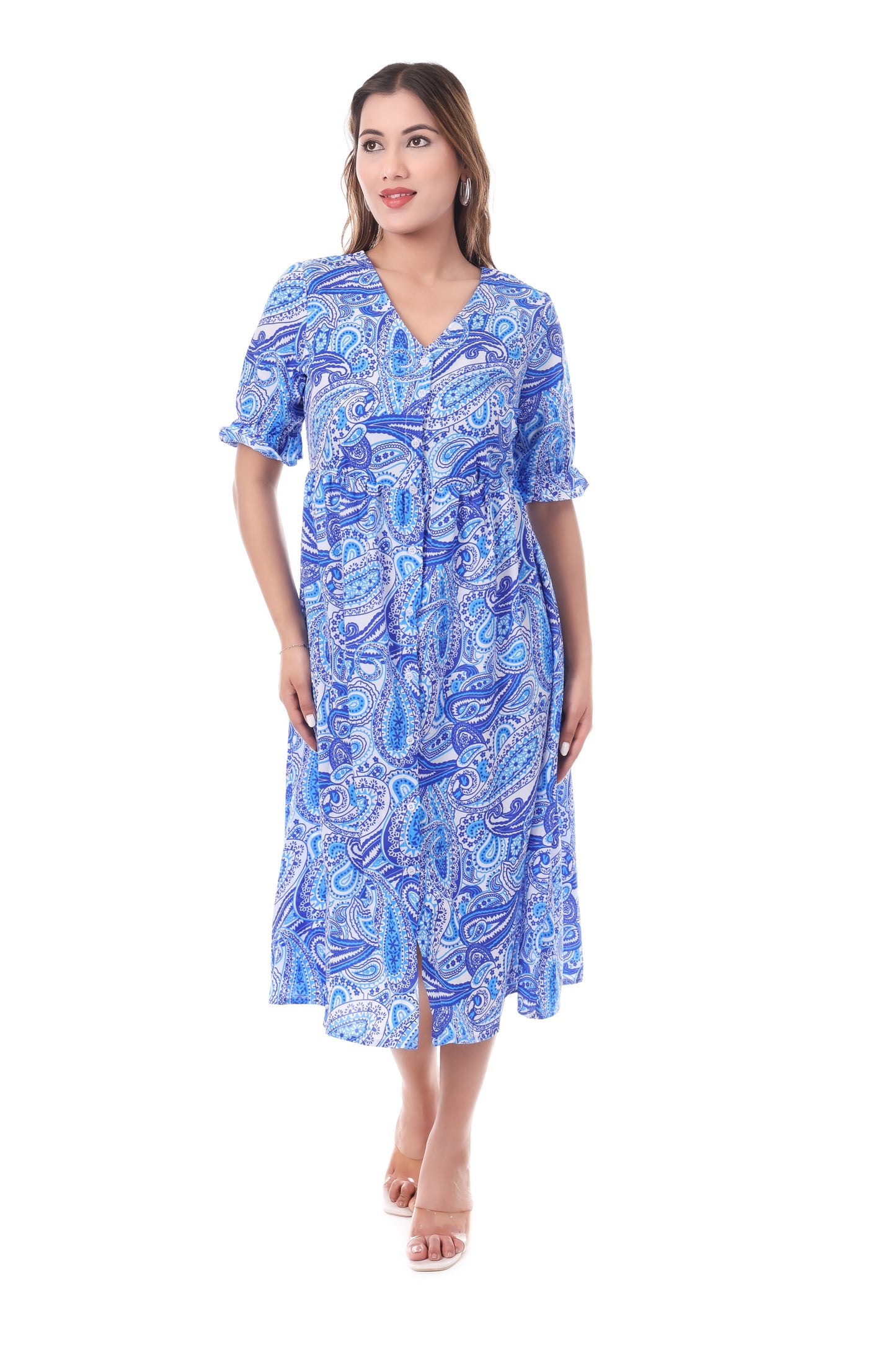 Paisley Print Placket Midi Dress
