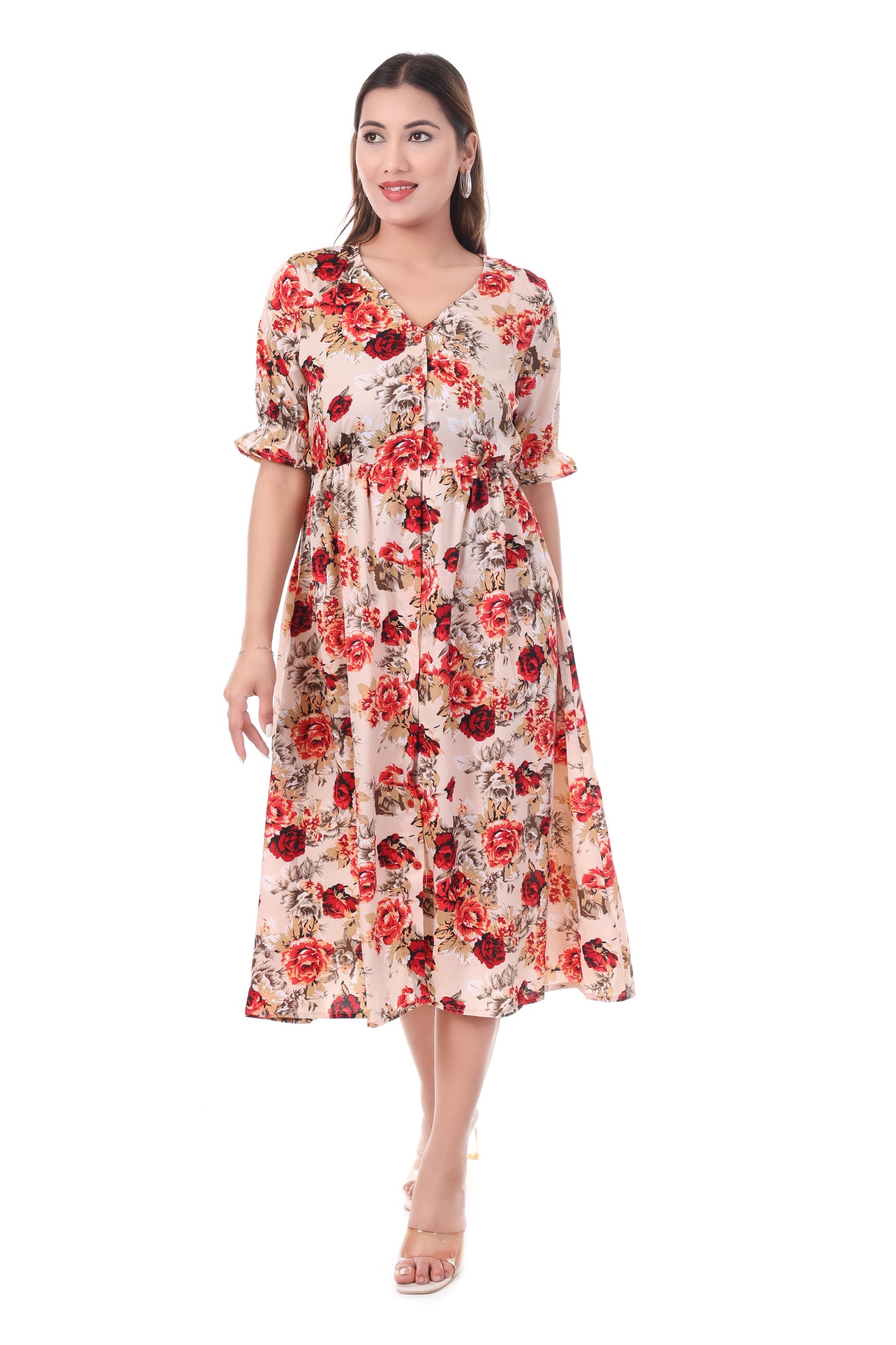 Floral Print Tiered Placket Dress