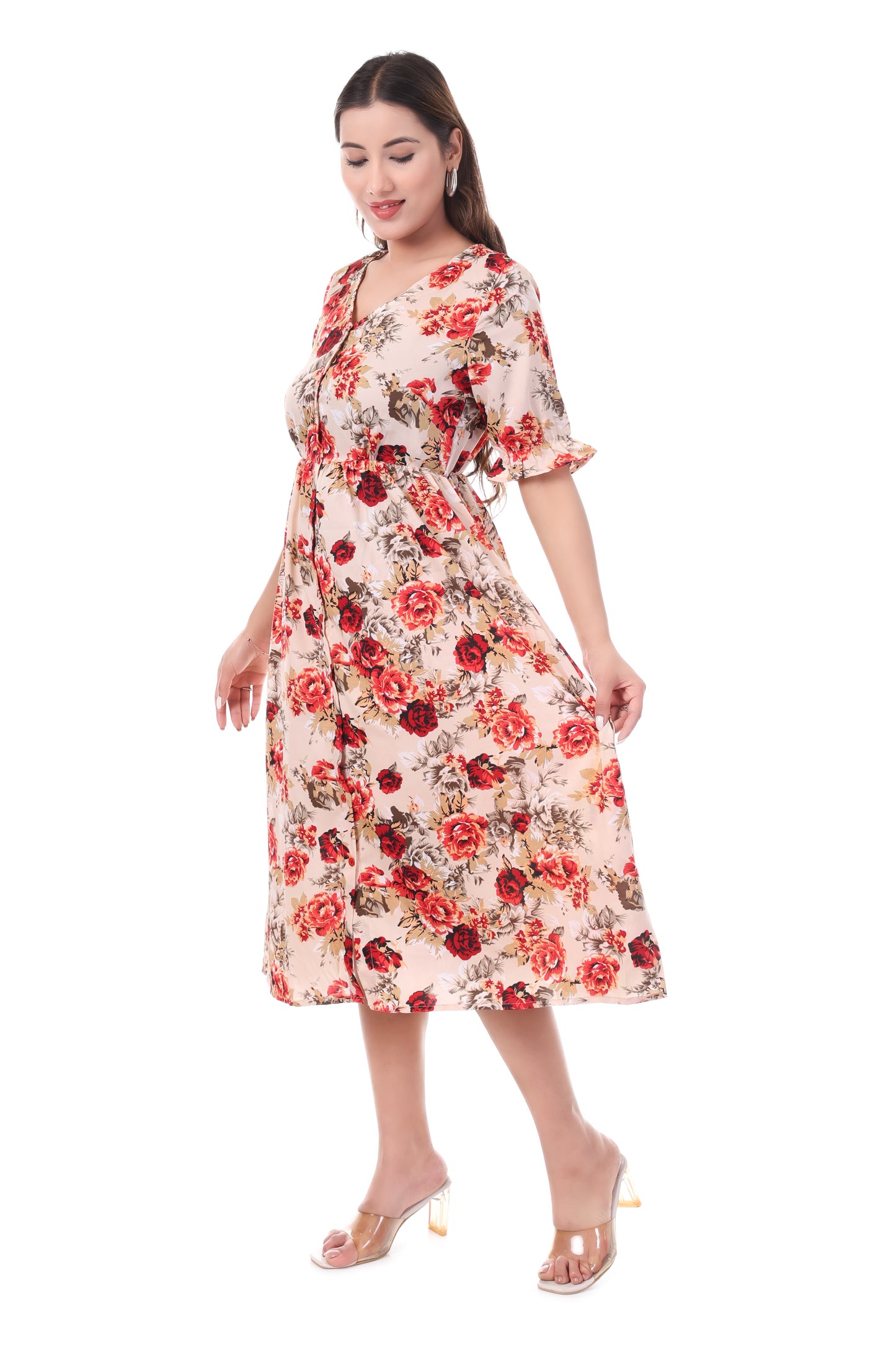 AmbT Floral Print Tiered Placket Dress