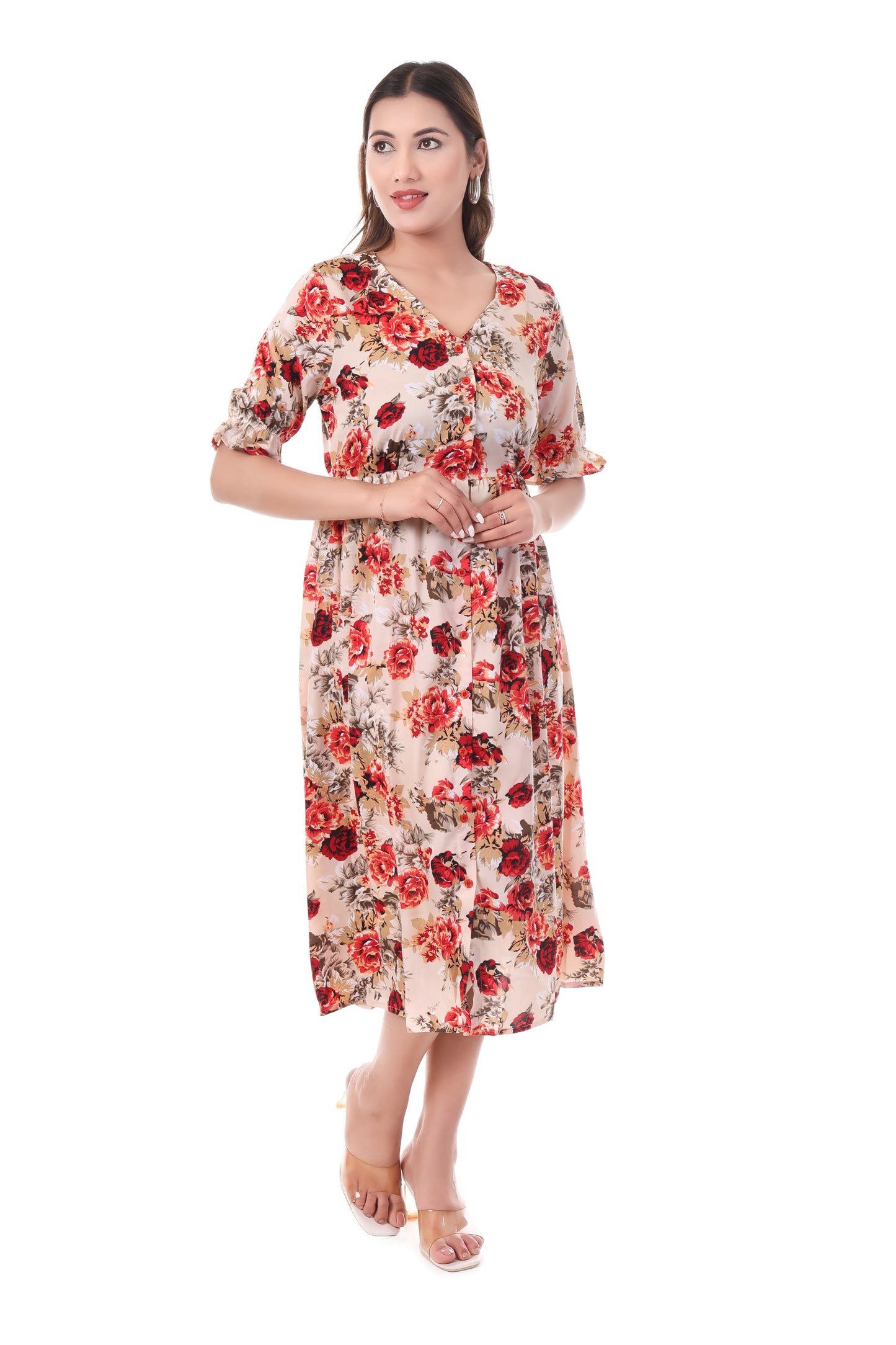 AmbT Floral Print Tiered Placket Dress