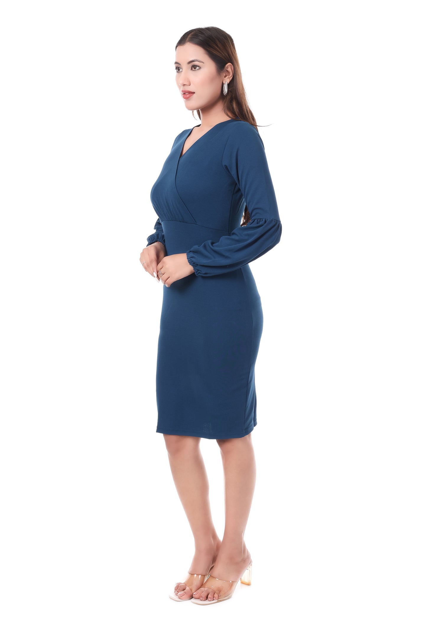 AmbT Blue Bodycon Dress | V-Neck & Balloon Sleeves