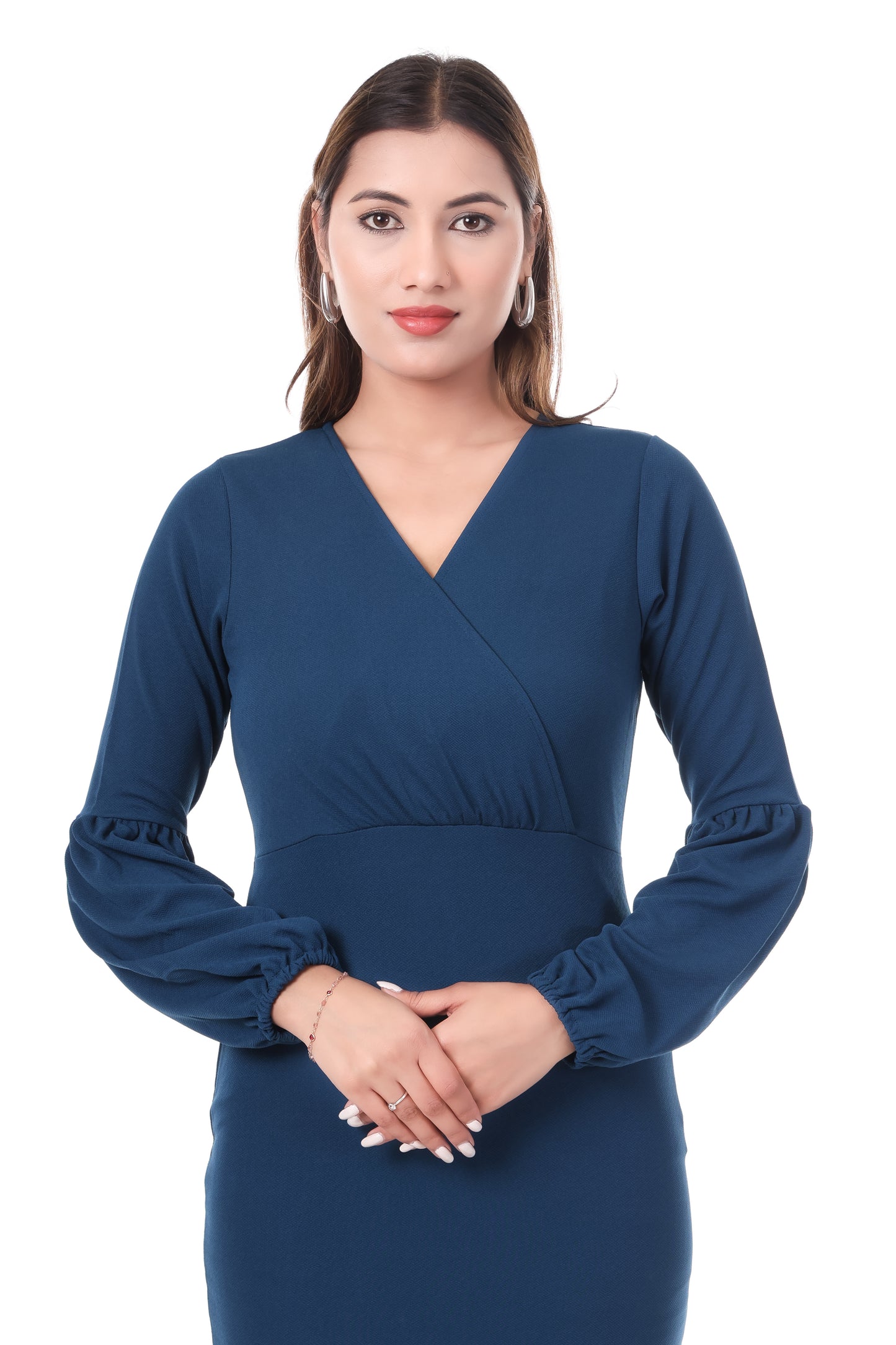 AmbT Blue Bodycon Dress | V-Neck & Balloon Sleeves