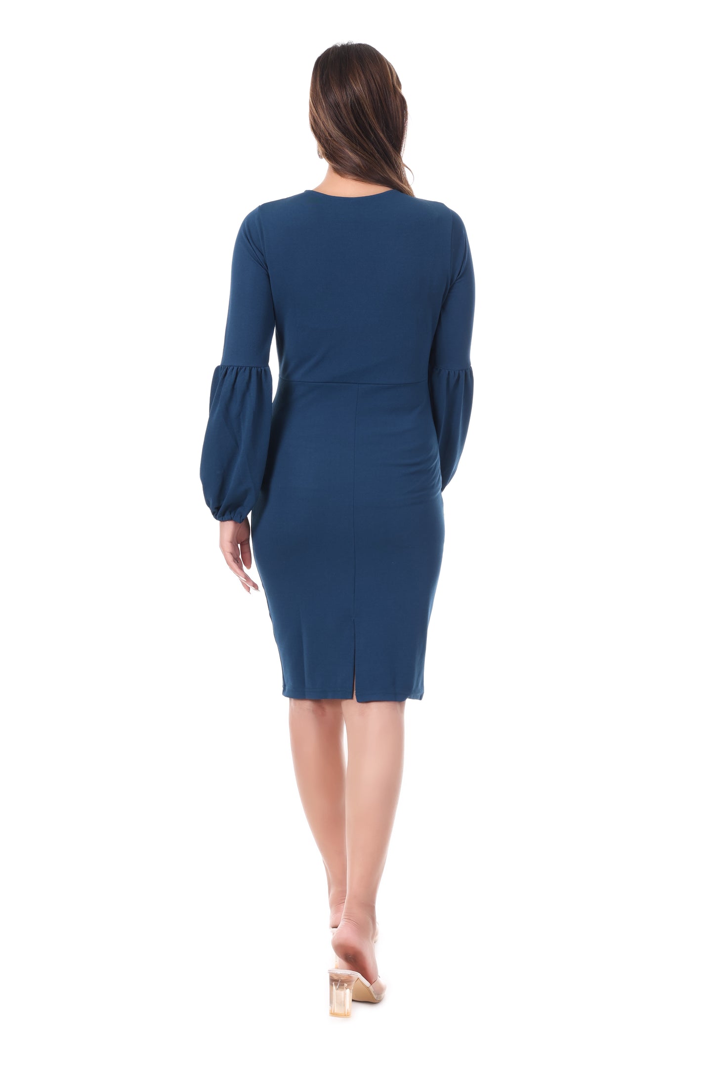 AmbT Blue Bodycon Dress | V-Neck & Balloon Sleeves