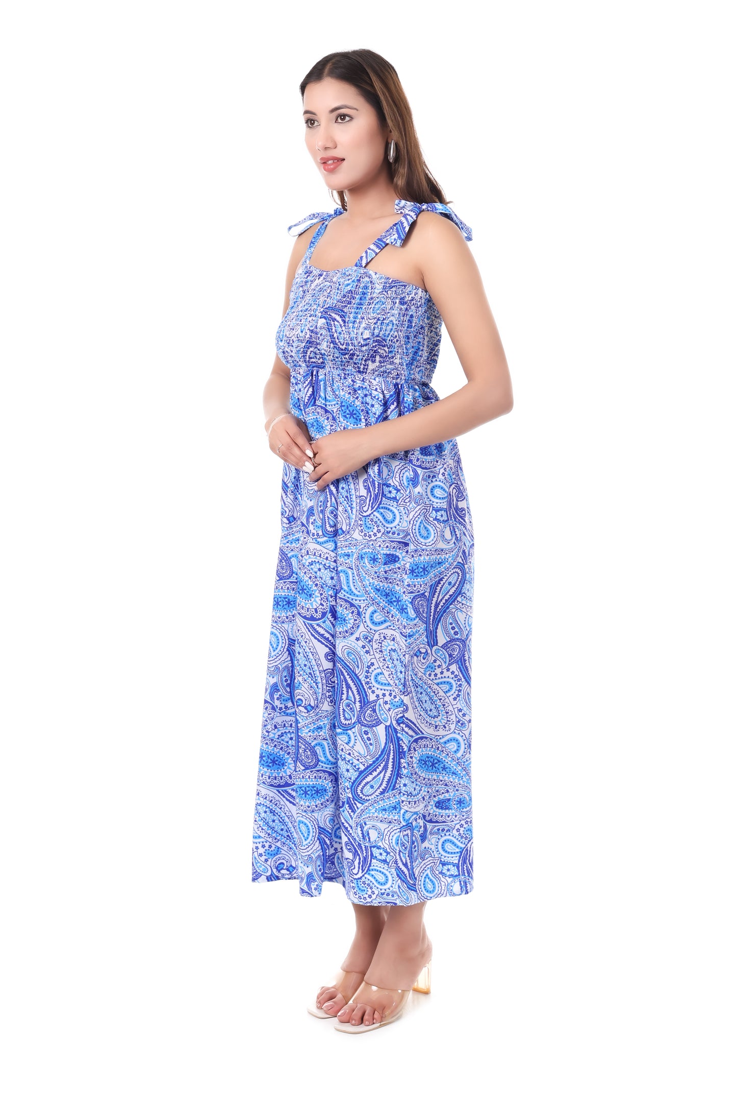 Ethnic Motifs | Smocked Midi Dress with Tie-Up Straps & Flowing Silhouette