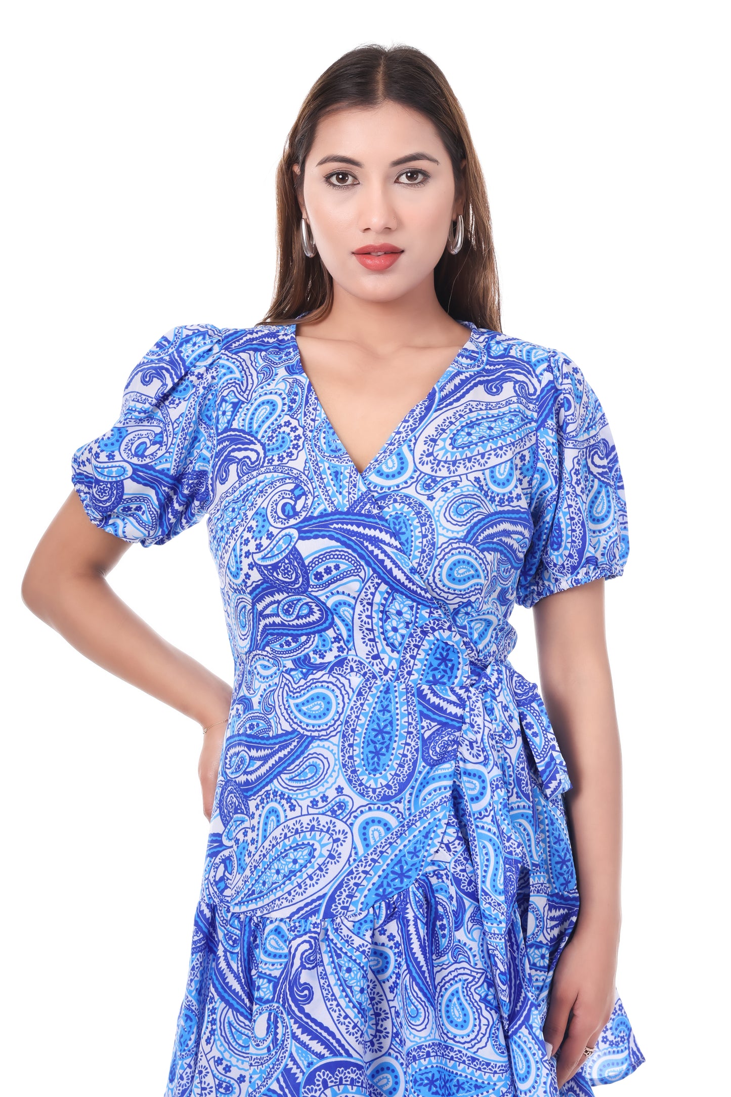 AmbT Blue Paisley Wrap Dress | Mini Length