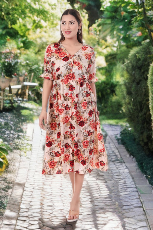 AmbT Floral Print Tiered Placket Dress
