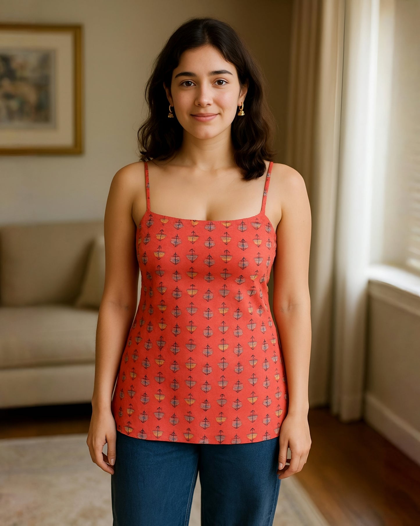 Coral Floral Print Short Kurti with Square Neck, Lace-Up Back, Spaghetti Straps, Geometric Pattern