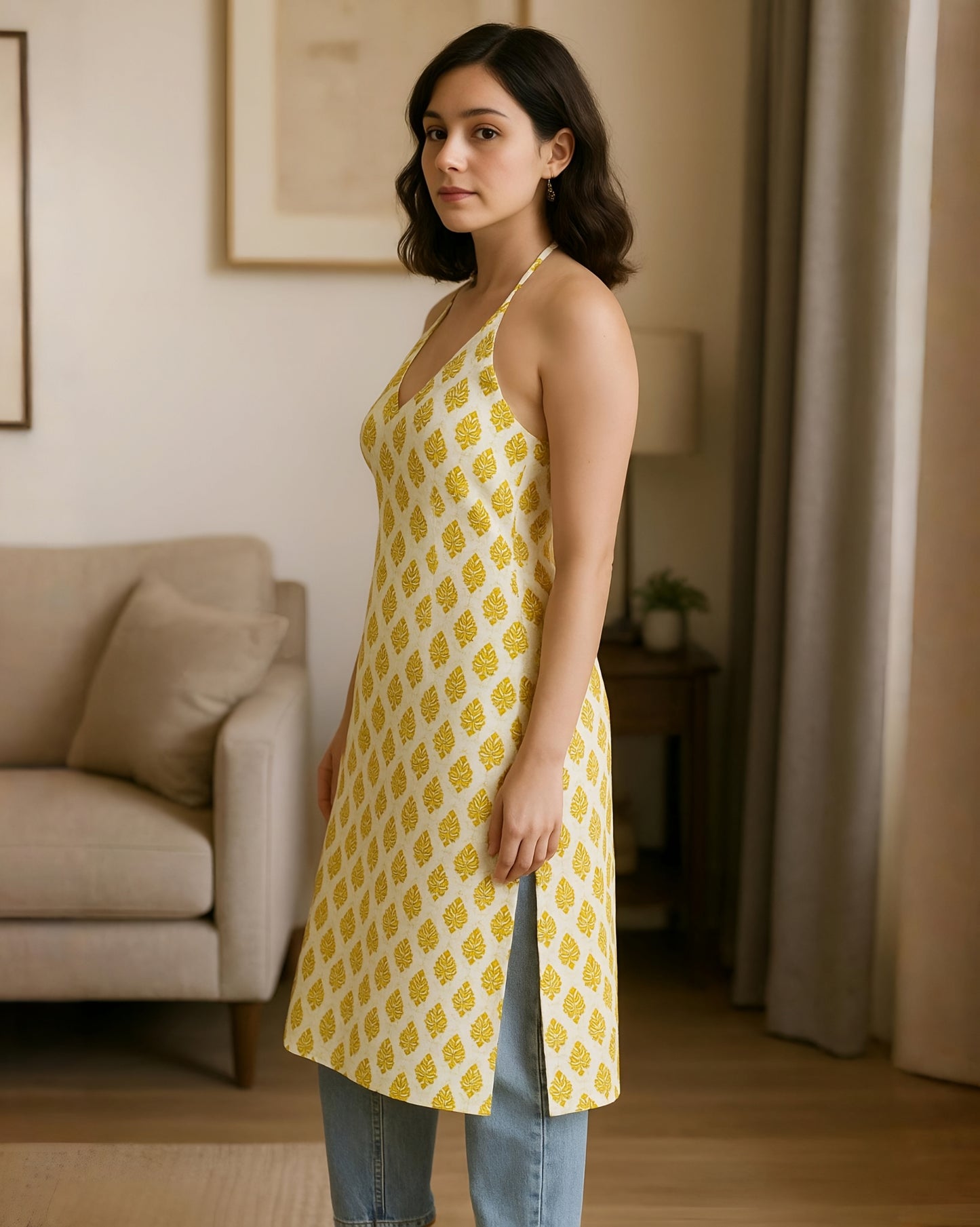 Halter Neck Long Kurti, Corset Back, Block Printed White and Yellow Motifs