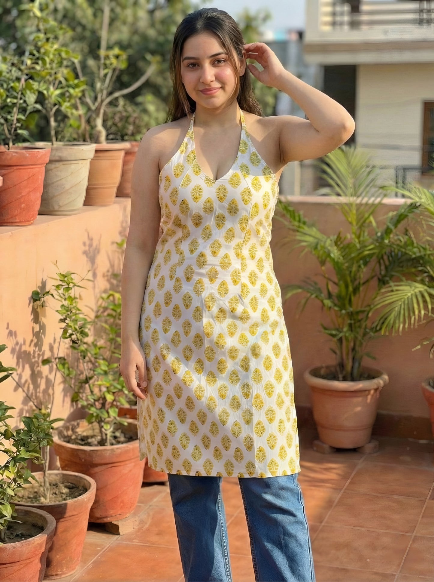 Halter Neck Long Kurti, Corset Back, Block Printed White and Yellow Motifs