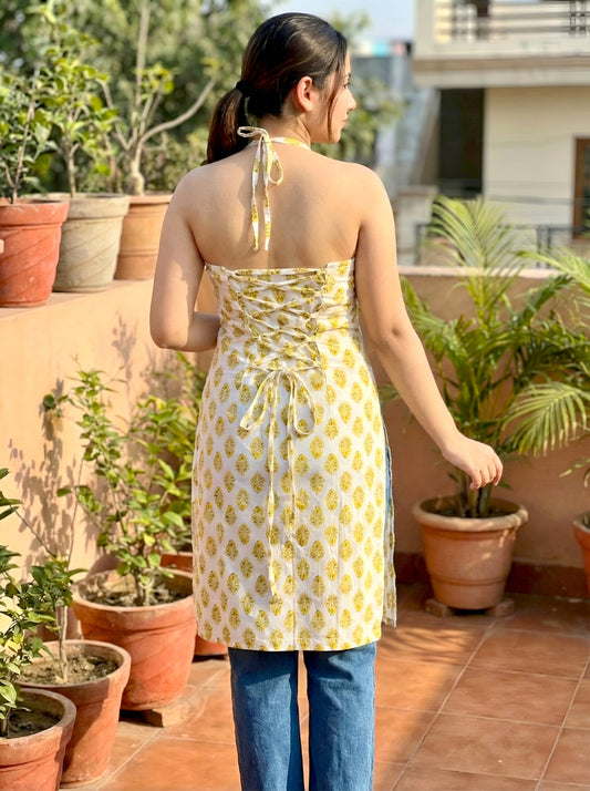 Halter Neck Long Kurti, Corset Back, Block Printed White and Yellow Motifs