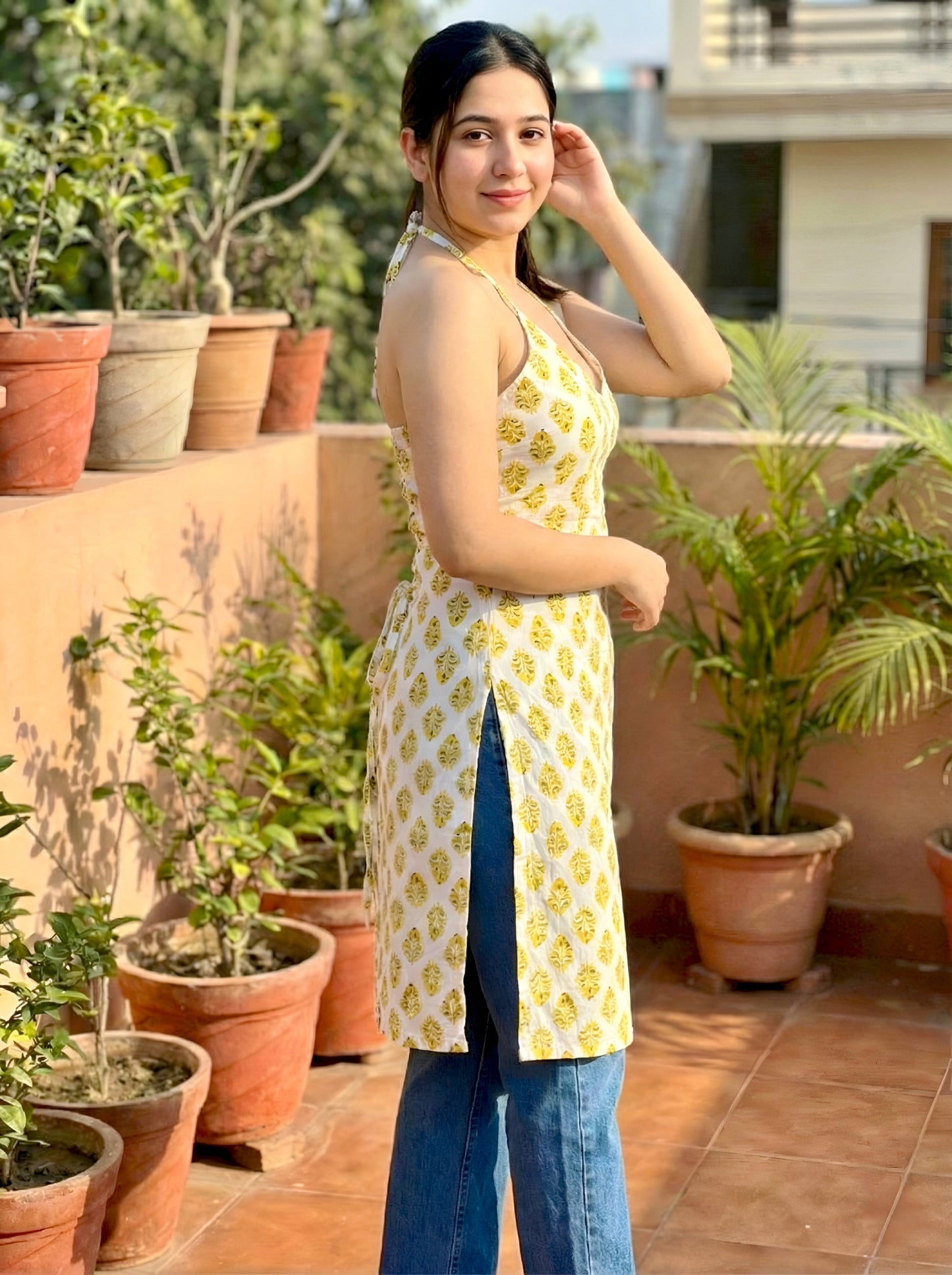 Halter Neck Long Kurti, Corset Back, Block Printed White and Yellow Motifs