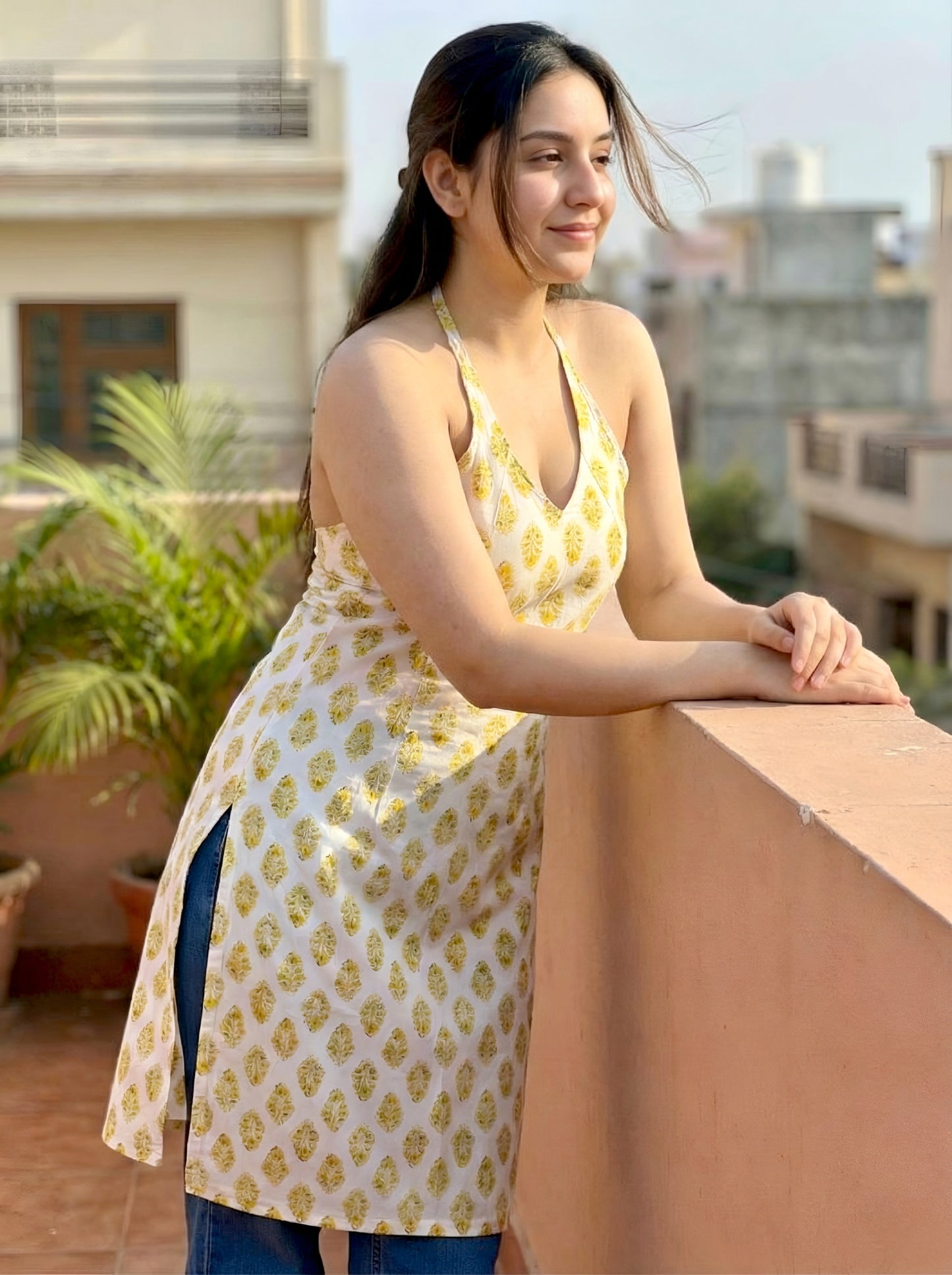 Halter Neck Long Kurti, Corset Back, Block Printed White and Yellow Motifs