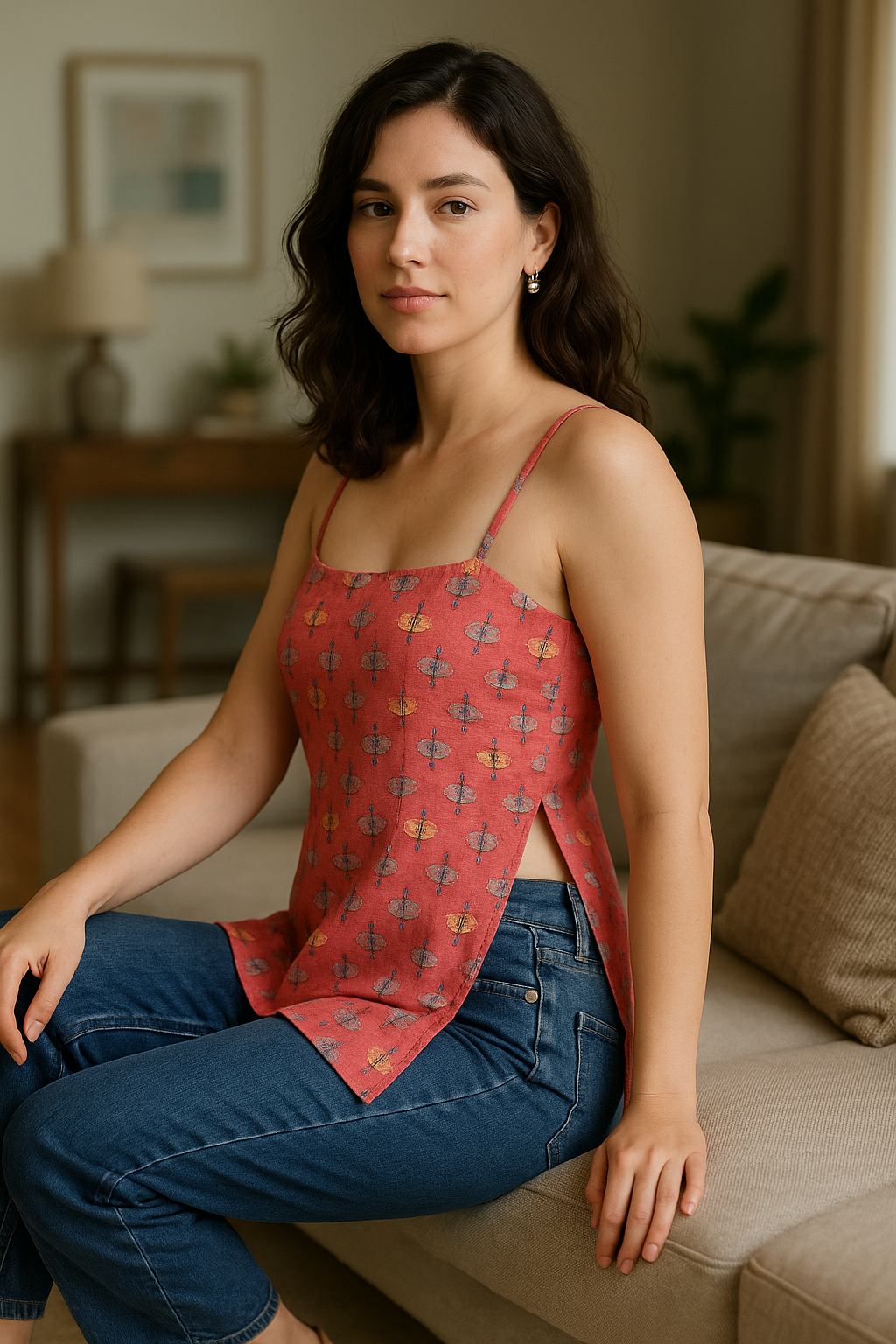 Coral Floral Print Short Kurti with Square Neck, Lace-Up Back, Spaghetti Straps, Geometric Pattern