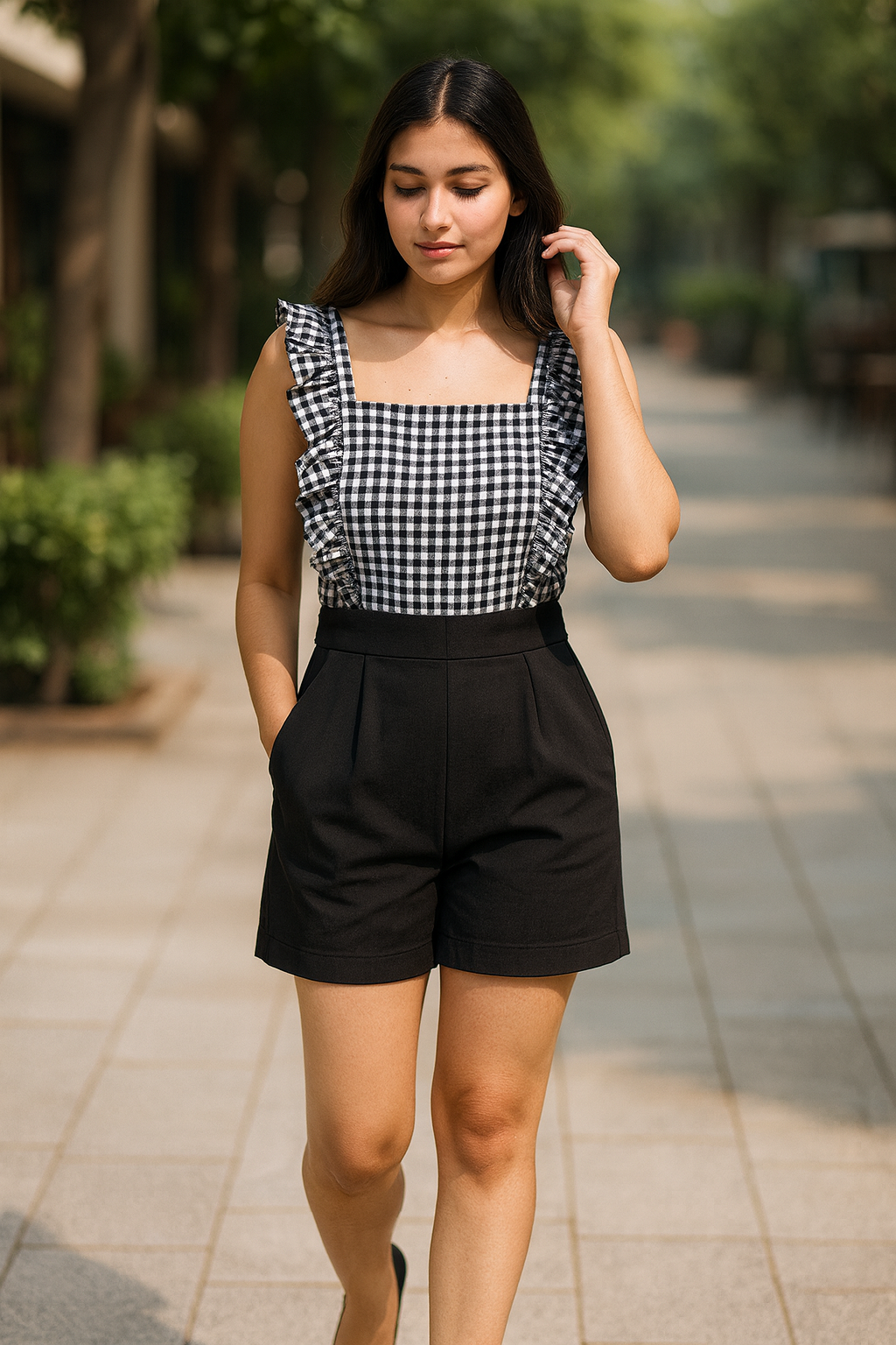 Black & White Gingham Playsuit | Ruffle Strap Design