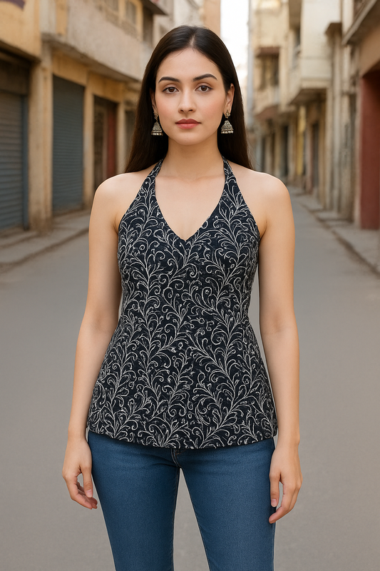 Halter-Neck Top with Corset Back, Black and White, V-Neck Design