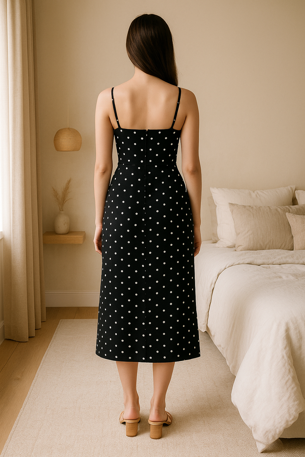 Polka Dot Slit Midi Dress | Spaghetti Straps, Front Tie Detail, Side Slit