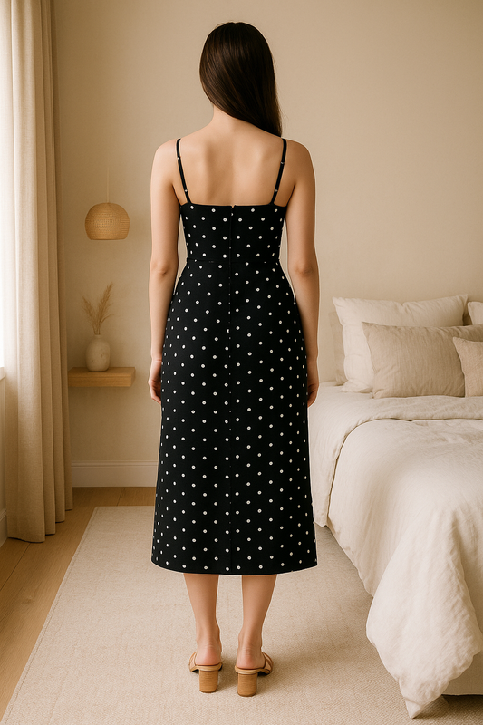 Polka Dot Slit Midi Dress | Spaghetti Straps, Front Tie Detail, Side Slit